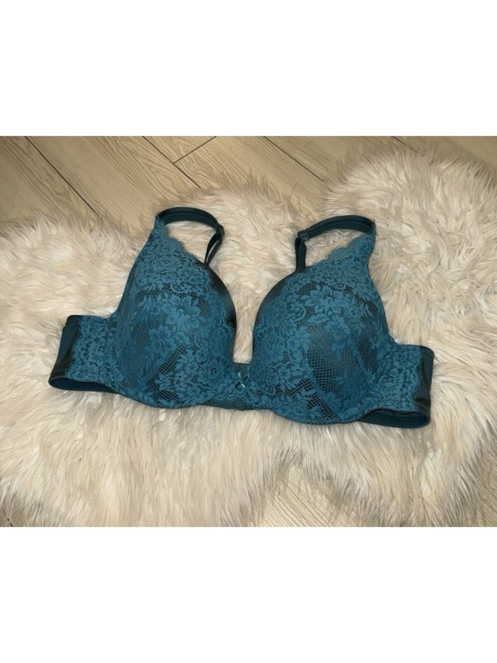 Cacique Boost Plunge Bra Padded Underwire Floral Lace Womens 44B Teal Green
